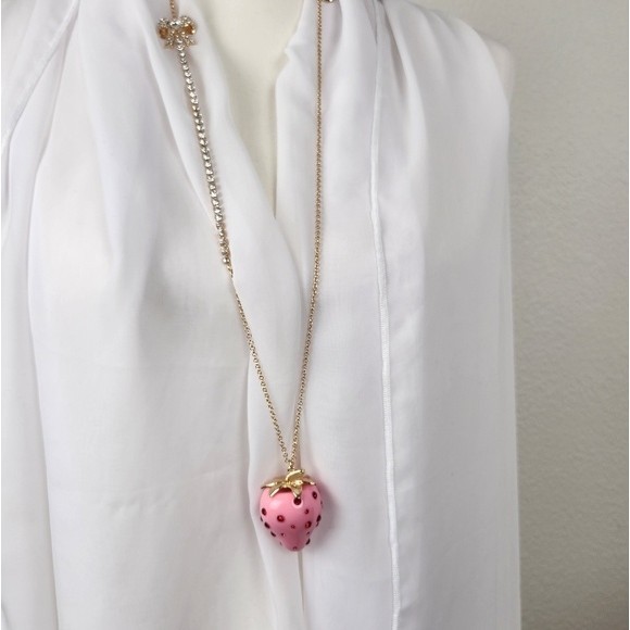 Betsey Johnson Jewelry - NWT Betsey Johnson Pink Strawberry-Red Rhinestone Long Necklace Gold Tone